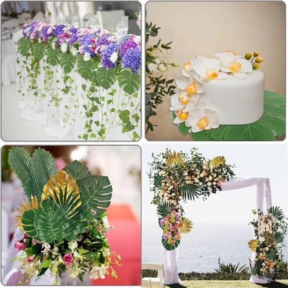 72 Pieces 10 Kinds Artificial Palm Leaves Golden Tropical Leaves w/ Stems Jungle - Picture 6 of 7
